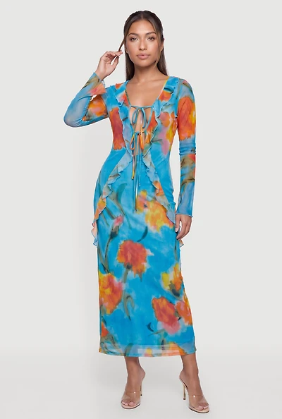 Floral Mesh Tie Front Maxi Dress