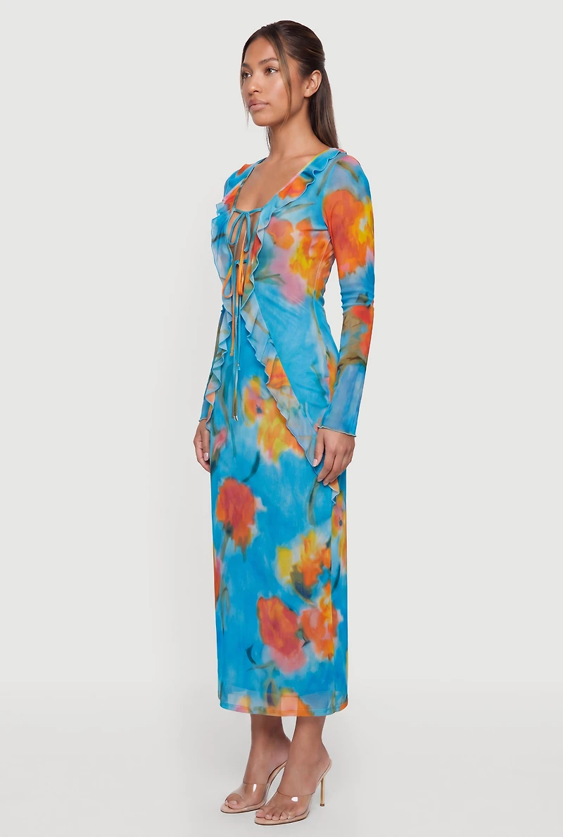 Floral Mesh Tie Front Maxi Dress