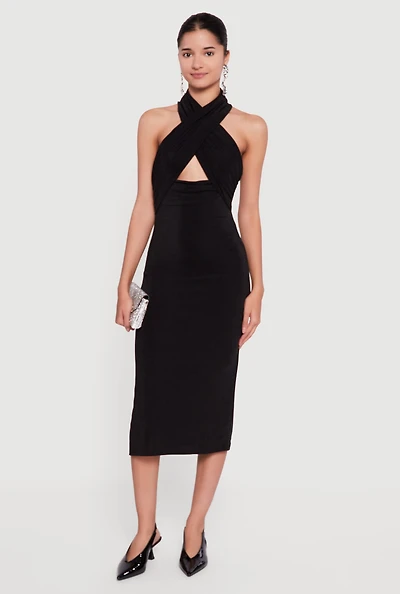 Womens Criss Cross Cut Out Halter Midi Dress, Black, Size XL