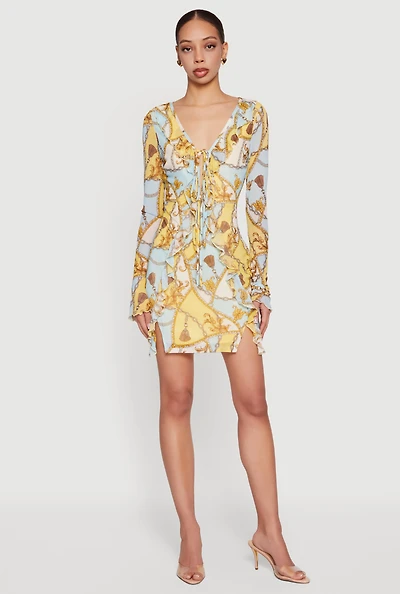 Patterned Mesh Tie Front Ruffled Mini Dress
