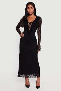 Plunge Ruffle Trim Lace Overlay Maxi Dress