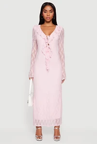 Plunge Ruffle Trim Lace Overlay Maxi Dress