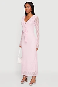 Plunge Ruffle Trim Lace Overlay Maxi Dress