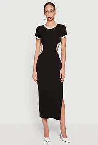 Contrast Trim Cutout Back Short Sleeve Midi Dress
