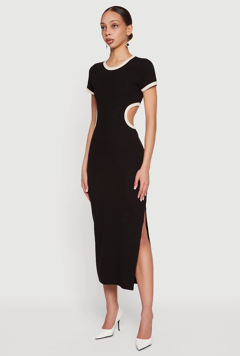 Contrast Trim Cutout Back Short Sleeve Midi Dress