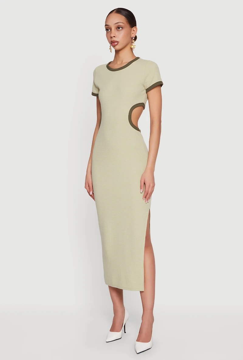 Contrast Trim Cutout Back Short Sleeve Midi Dress