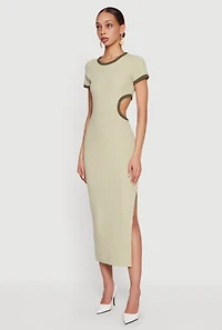 Contrast Trim Cutout Back Short Sleeve Midi Dress