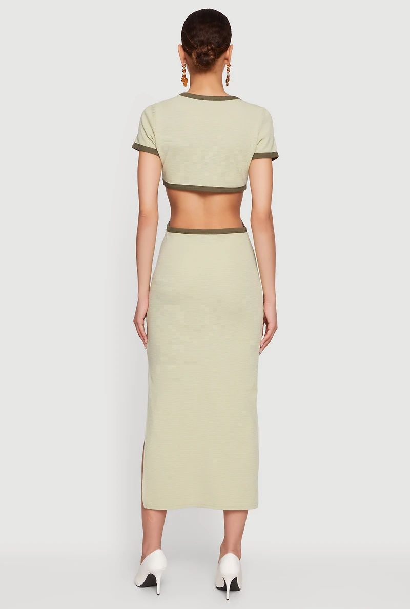 Contrast Trim Cutout Back Short Sleeve Midi Dress