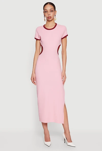 Contrast Trim Cutout Back Short Sleeve Midi Dress