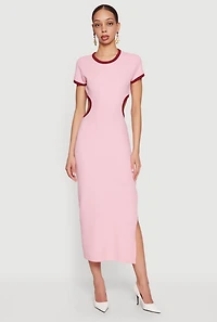 Contrast Trim Cutout Back Short Sleeve Midi Dress