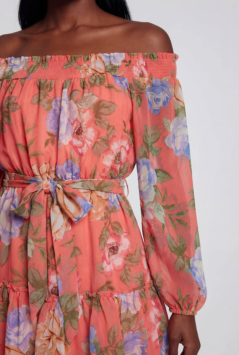 Floral Off The Shoulder Tie Waist Belted Mini Dress