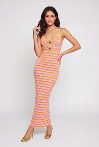 Chevron Print Metallic Pendant Keyhole Detail Maxi Dress