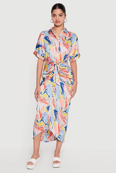 Satin Psychedelic Swirl Tie Waist Belted Shirt Dress