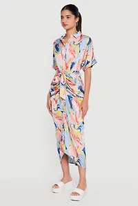 Satin Psychedelic Swirl Tie Waist Belted Shirt Dress