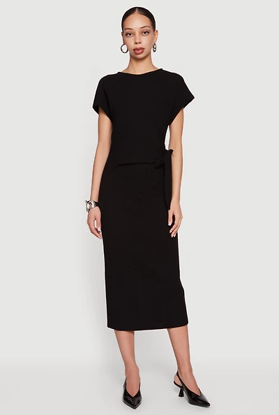Textured Knit Asymmetrical Bow Side Midi Dress