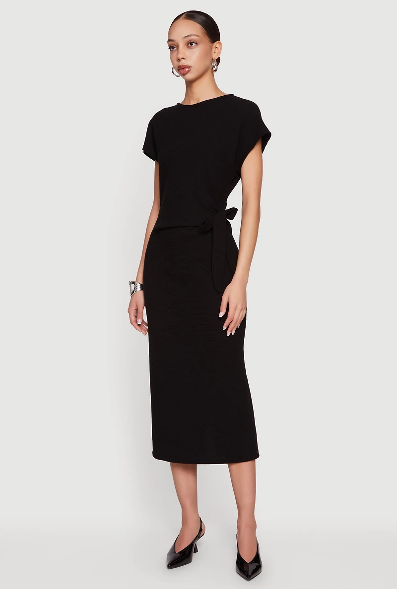 Textured Knit Asymmetrical Bow Side Midi Dress