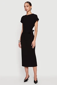 Textured Knit Asymmetrical Bow Side Midi Dress