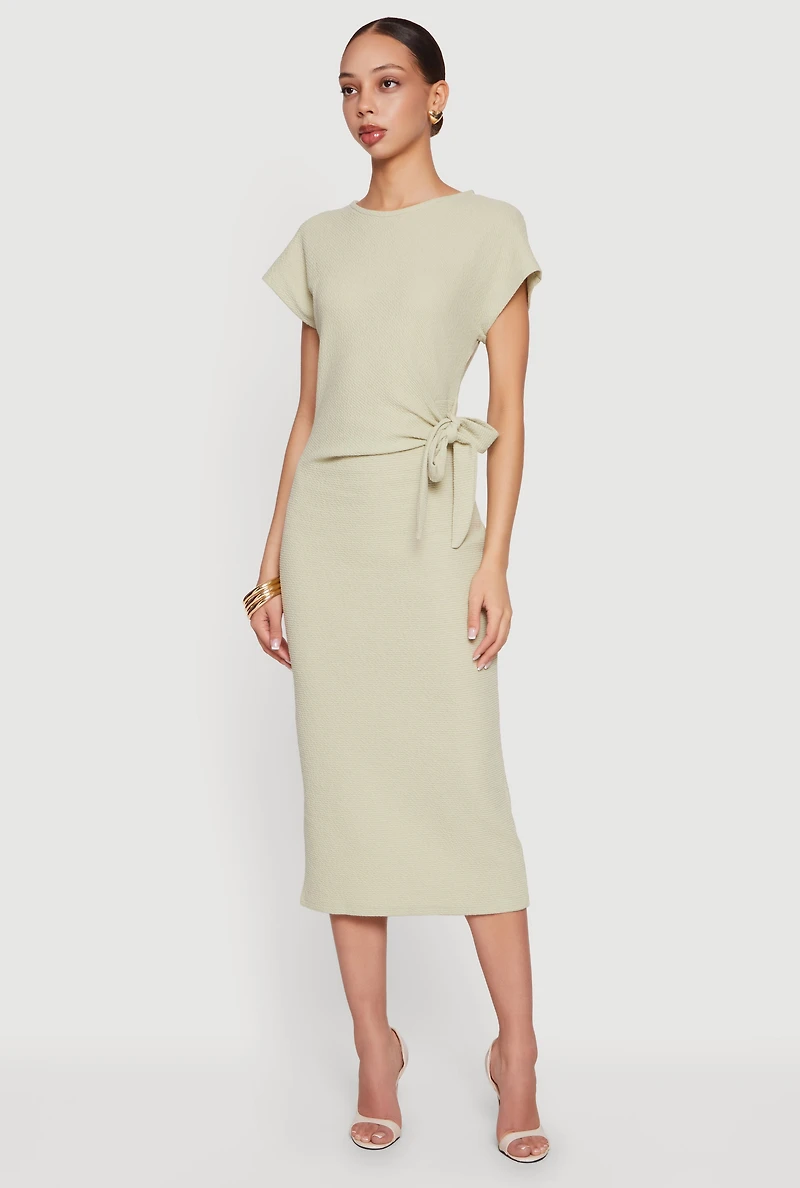 Textured Knit Asymmetrical Bow Side Midi Dress