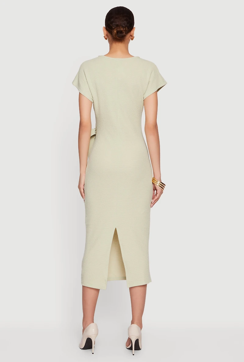 Textured Knit Asymmetrical Bow Side Midi Dress