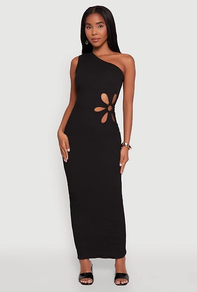 Trendy One Shoulder Flower Cut Out Maxi Dress