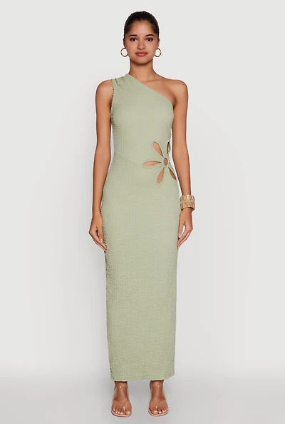 Womens Trendy One Shoulder Flower Cut Out Maxi Dress, Green, Size M