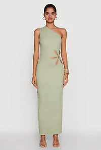 Womens Trendy One Shoulder Flower Cut Out Maxi Dress, Green, Size M