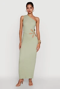 Womens Trendy One Shoulder Flower Cut Out Maxi Dress, Green, Size M