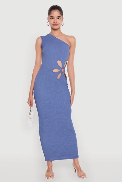 Womens Trendy One Shoulder Flower Cut Out Maxi Dress, Blue, Size M