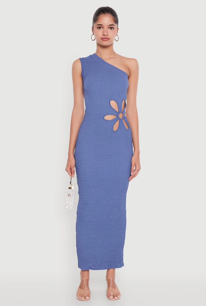 Womens Trendy One Shoulder Flower Cut Out Maxi Dress, Blue, Size M