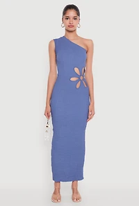 Womens Trendy One Shoulder Flower Cut Out Maxi Dress, Blue, Size M