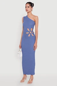 Womens Trendy One Shoulder Flower Cut Out Maxi Dress, Blue, Size M