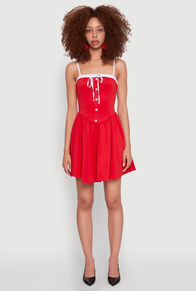 Womens Contrast Trim Corset Skater Dress, Red, Size L
