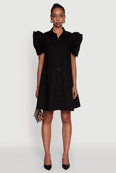 Womens Poplin Button Front Flutter Sleeve Dress, Black, Size S