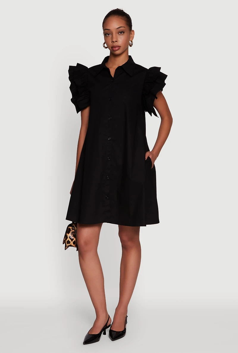 Womens Poplin Button Front Flutter Sleeve Dress,