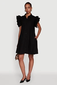 Womens Poplin Button Front Flutter Sleeve Dress,