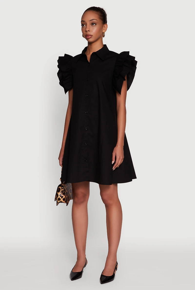 Womens Poplin Button Front Flutter Sleeve Dress, S