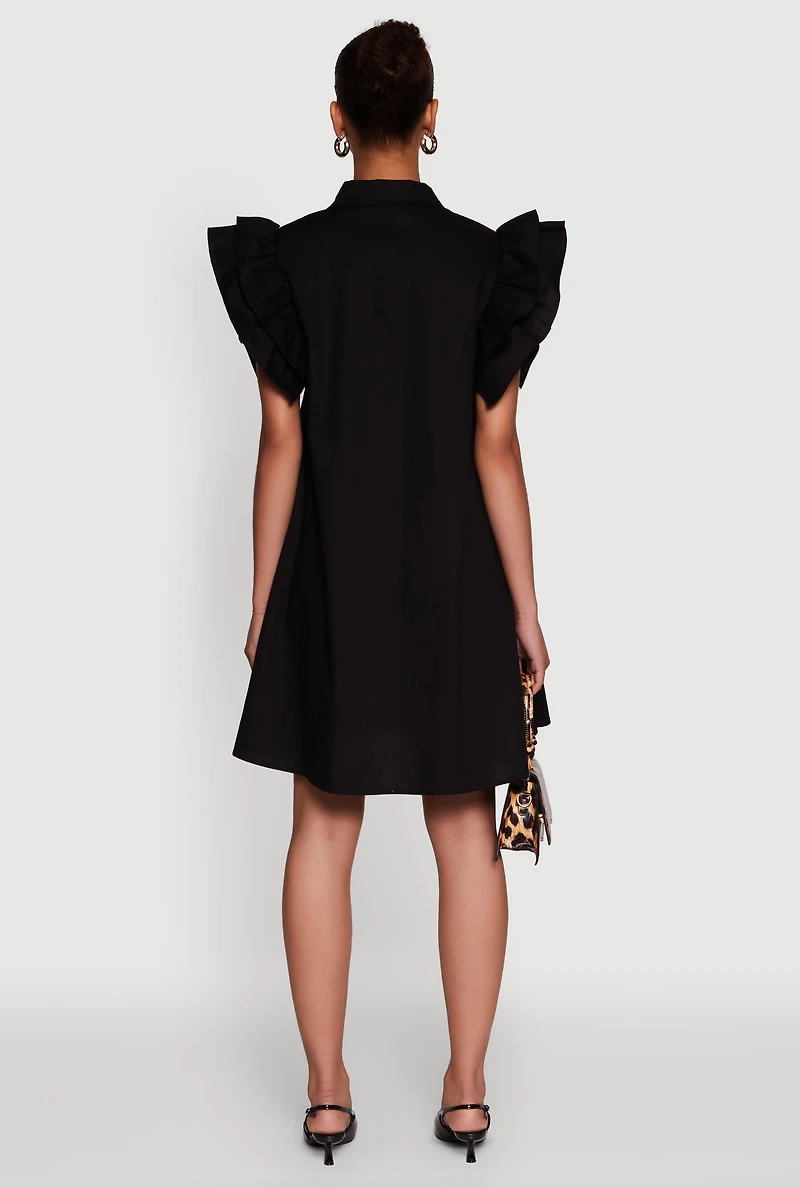 Womens Poplin Button Front Flutter Sleeve Dress,