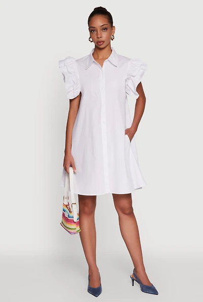 Womens Poplin Button Front Flutter Sleeve Dress, White,