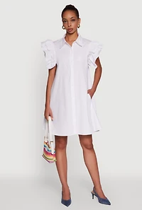 Womens Poplin Button Front Flutter Sleeve Dress, White,