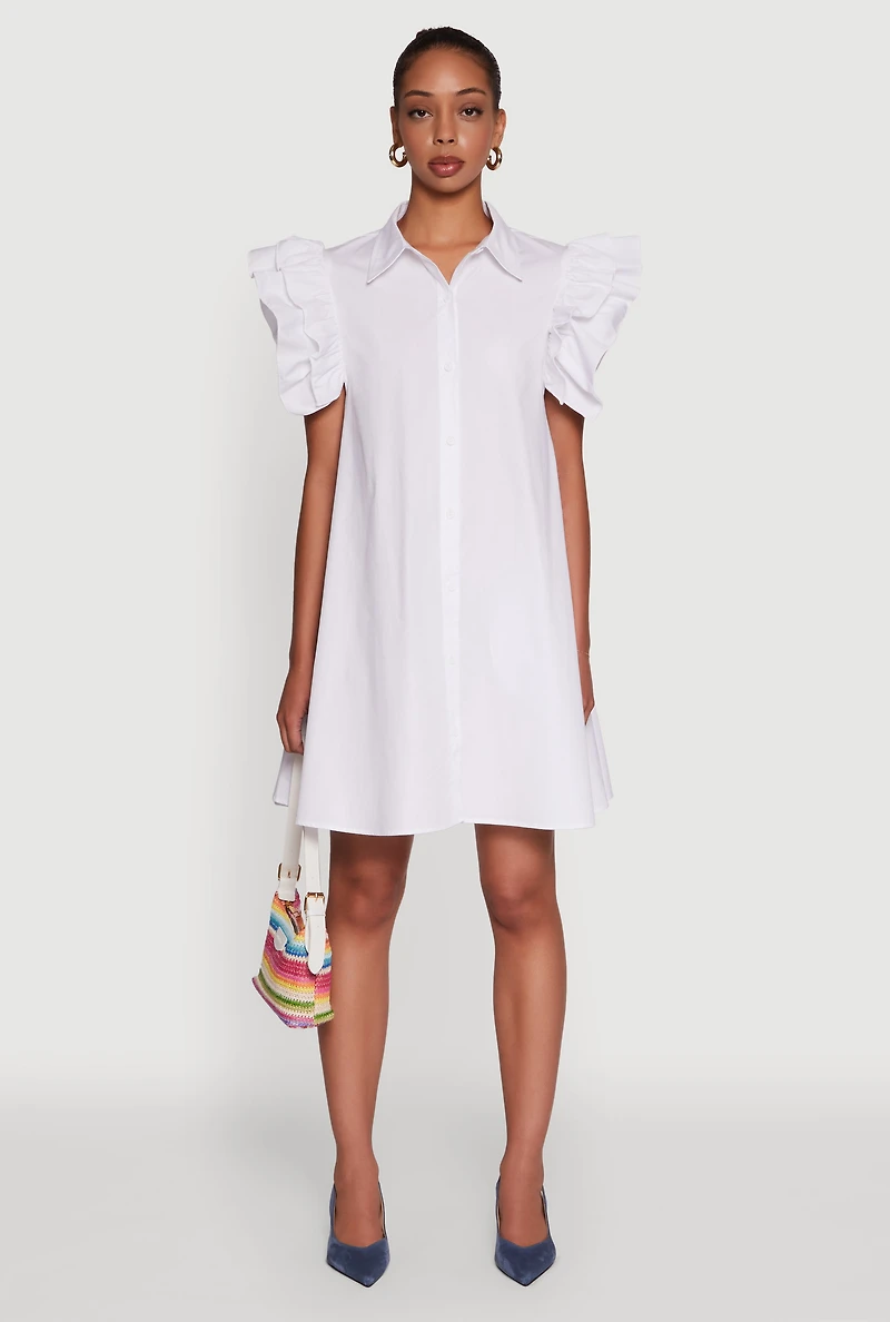 Womens Poplin Button Front Flutter Sleeve Dress, White,