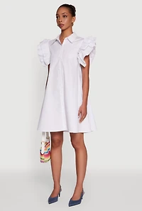 Womens Poplin Button Front Flutter Sleeve Dress, White,