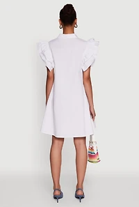 Womens Poplin Button Front Flutter Sleeve Dress, White,