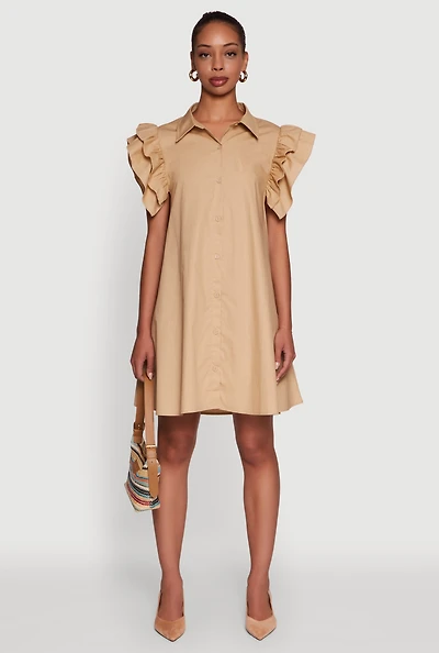 Womens Poplin Button Front Flutter Sleeve Dress, Beige, Size M