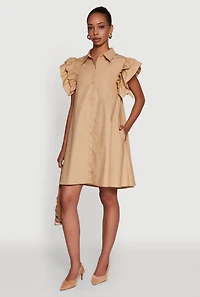 Womens Poplin Button Front Flutter Sleeve Dress, Beige, Size L