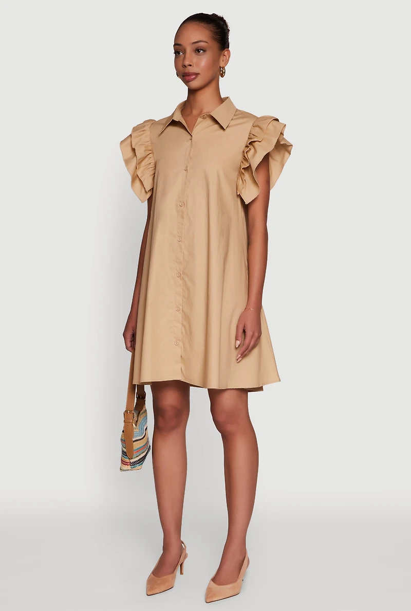 Womens Poplin Button Front Flutter Sleeve Dress,