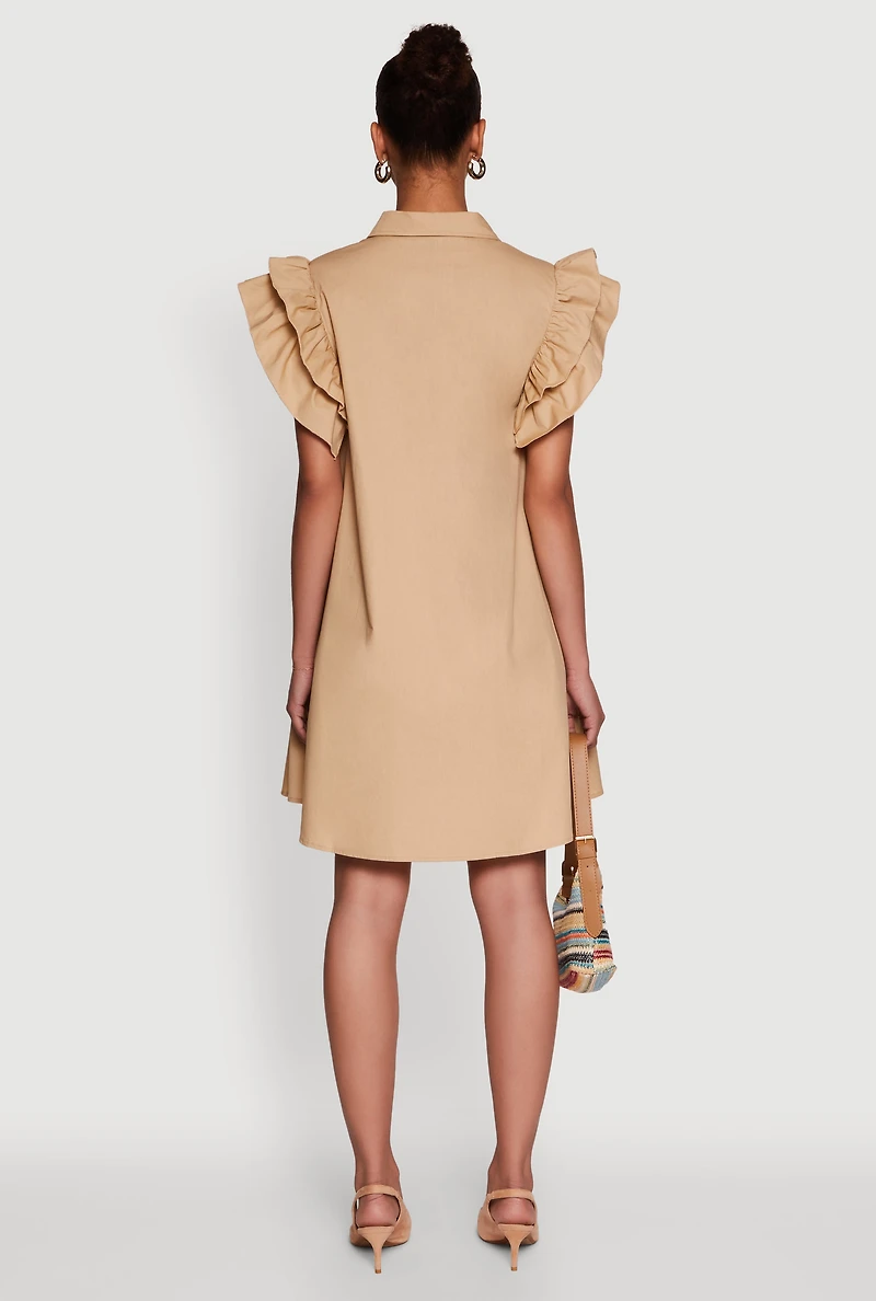 Womens Poplin Button Front Flutter Sleeve Dress, Beige, Size L
