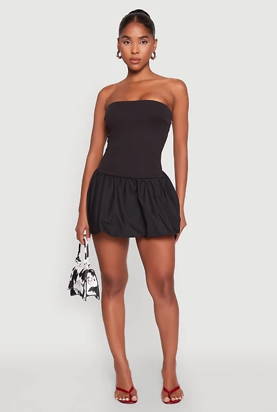 Womens Strapless Bubble Hem Mini Dress, Black, Size M