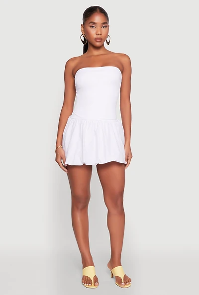 Womens Strapless Bubble Hem Mini Dress, White, Size L