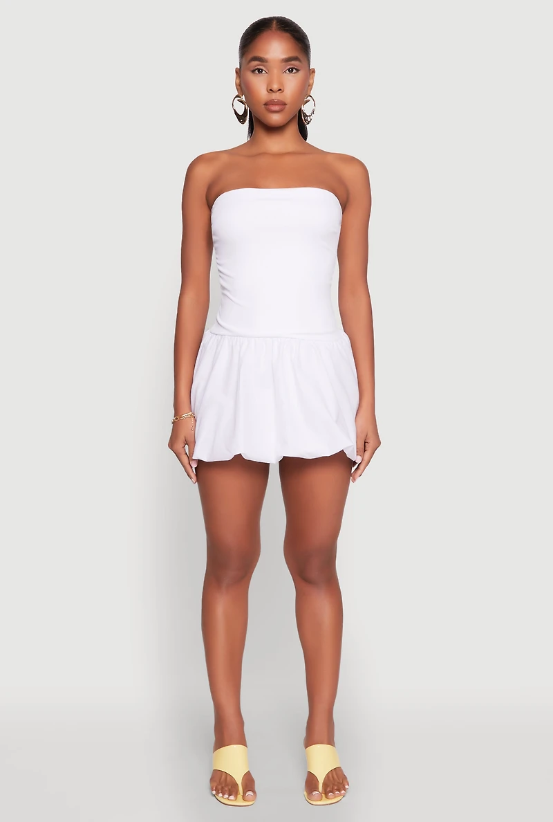 Womens Strapless Bubble Hem Mini Dress, White,