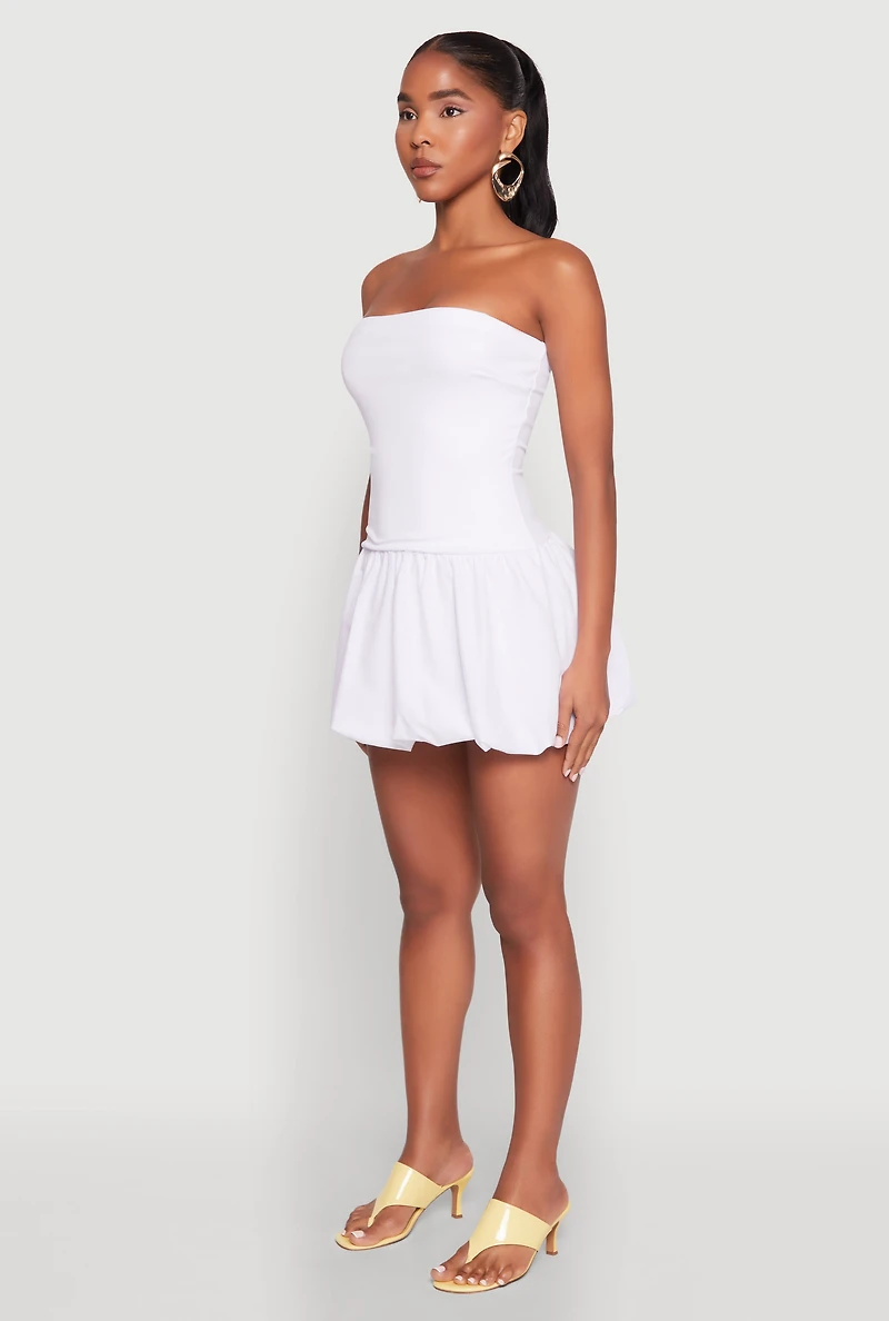 Womens Strapless Bubble Hem Mini Dress, White, Size M